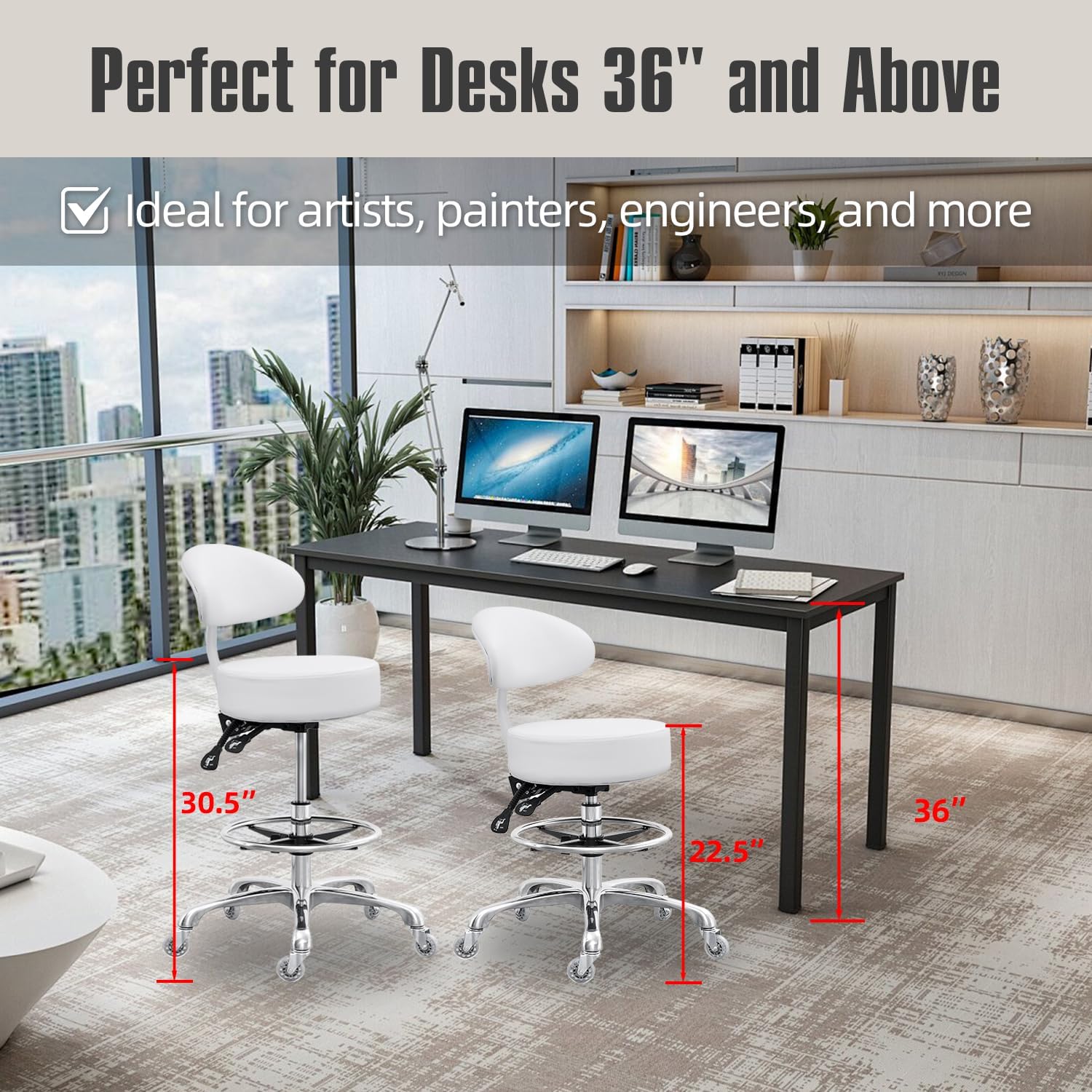 Grace&Grace Drafting Chair Big Cushion Rolling Stool with Back, Tall Shop Stool Rolling Chair with Footrest for Studio, Workshop, Classroom, Lab, Counter, Home Office (White)