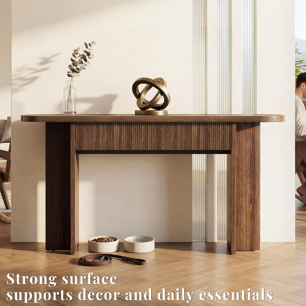 63 Inch Fluted Console Table with Drawers, Entryway Table with Storage, Modern Rounded Hallway Table for Narrow Spaces（Brown）