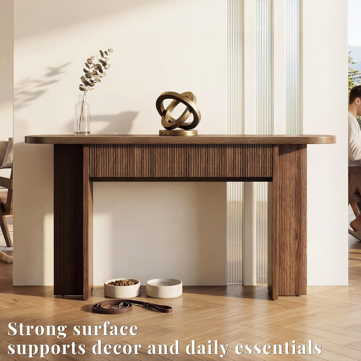 63 Inch Fluted Console Table with Drawers, Entryway Table with Storage, Modern Rounded Hallway Table for Narrow Spaces（Brown）