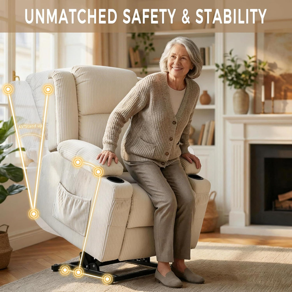 Heavy Duty Power Lift Recliner Chair for Elderly, 400lbs Capacity Massage and Heat Recliner, Soft Corduroy 160° Reclining Electric Stand Up Chair, USB & Type-C, Memory Foam, Cup Holders