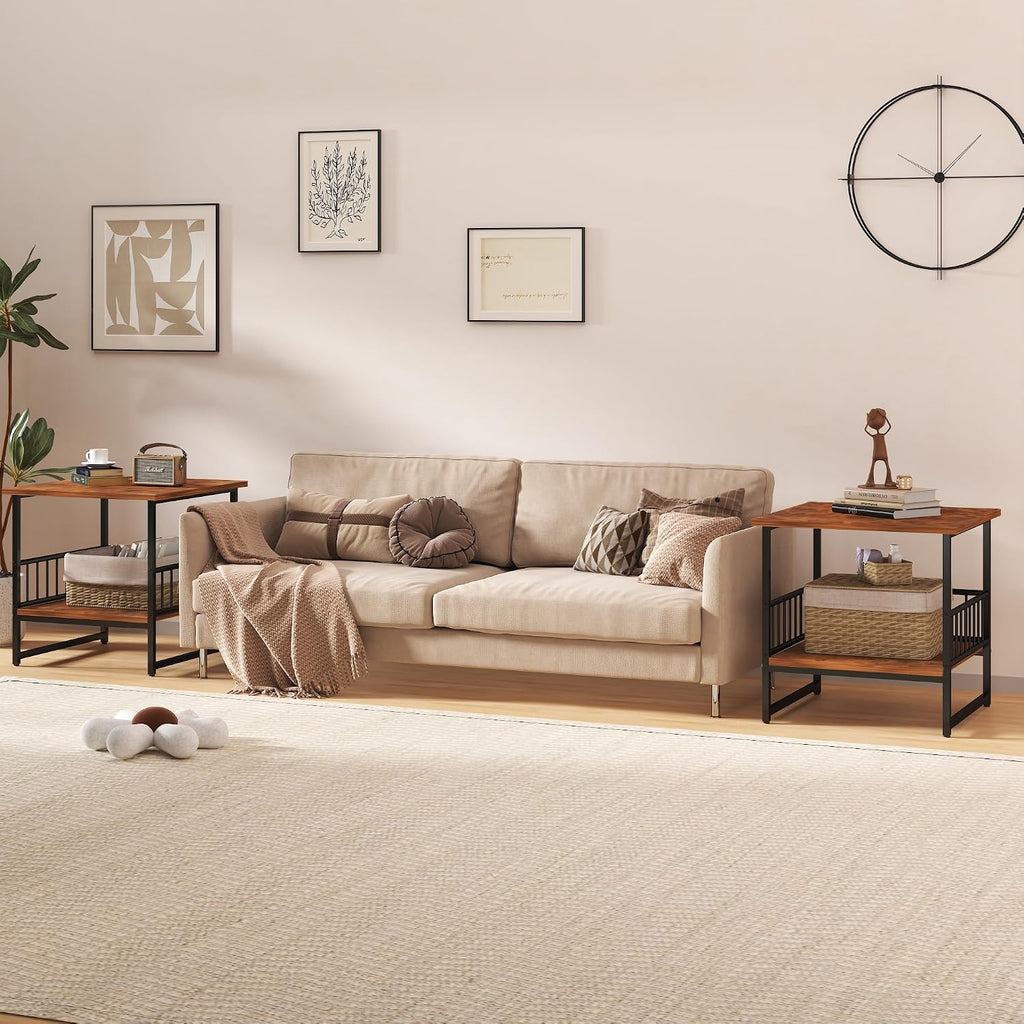 EazeHome End Table 24" for Living Room, Large Square Side Table with 2-Tier Storage, Rustic Brown Tall Industrial Night Stand for Bedroom, Rustic Brown