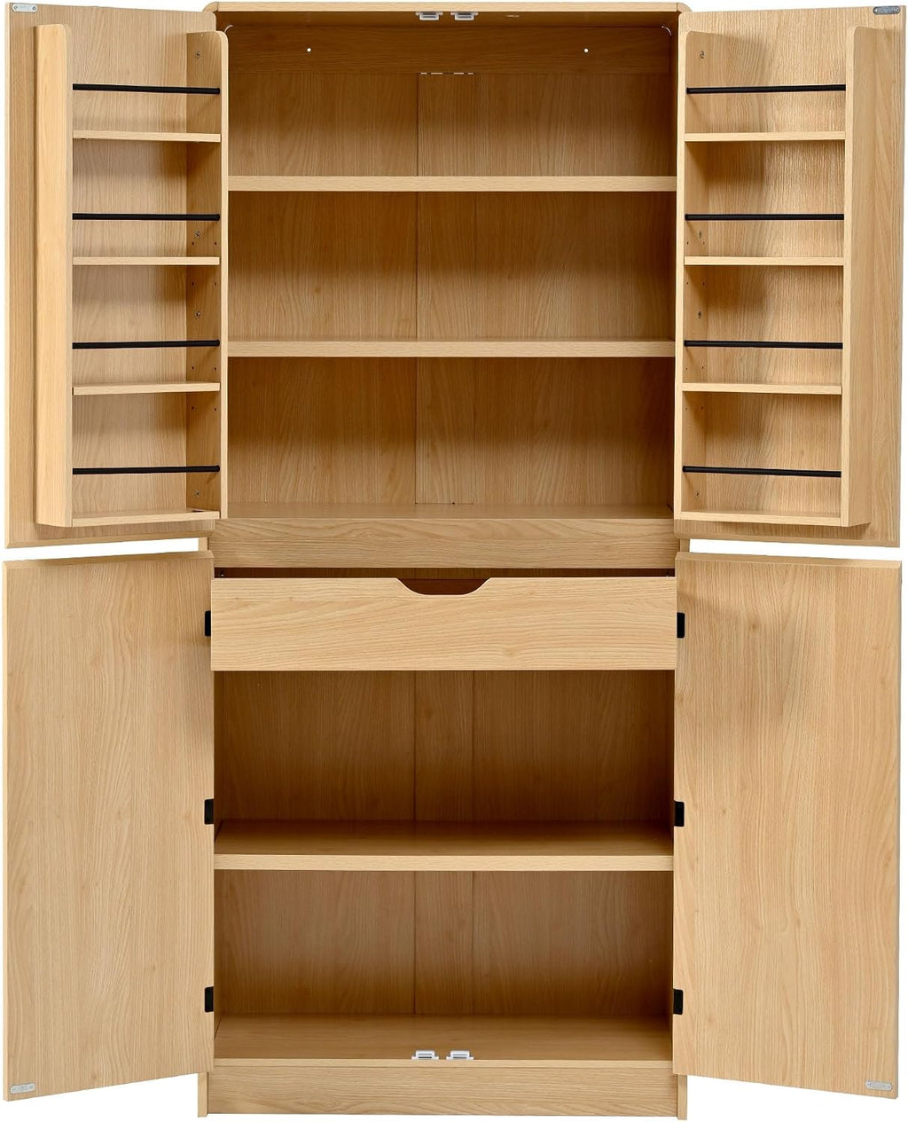 72" Tall Pantry Cabinets for Kitchen Storage, Natural Pantry Storage Cabinet with Doors and Adjustable Shelves, Freestanding Pantry Cupboard with Drawers for Dining Room Bathroom (Natural, 72")