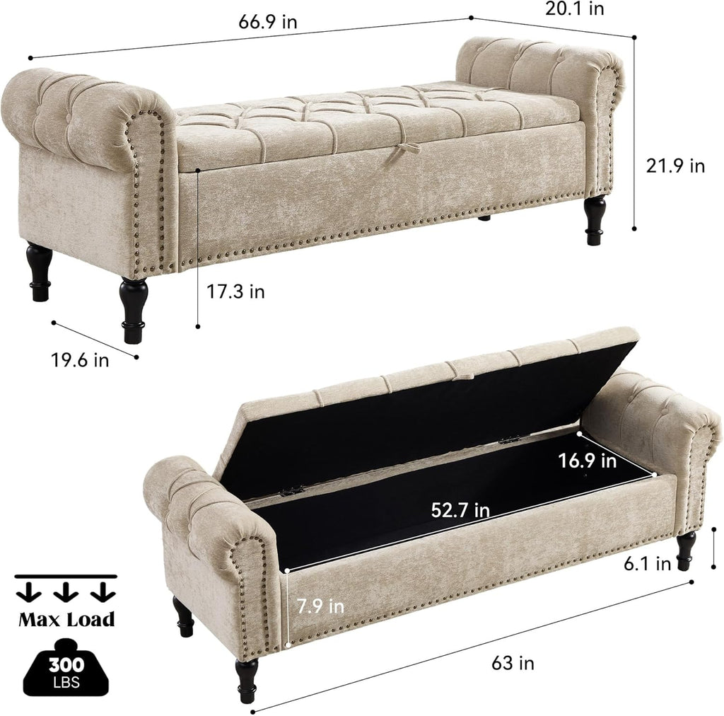 Storage Bed Bench for Bedroom, Chenille 67" End of Bed King Size Benches with Armrest, Tufted Button Upholstered Ottoman Bench for Living Room, Entryway, Khaki