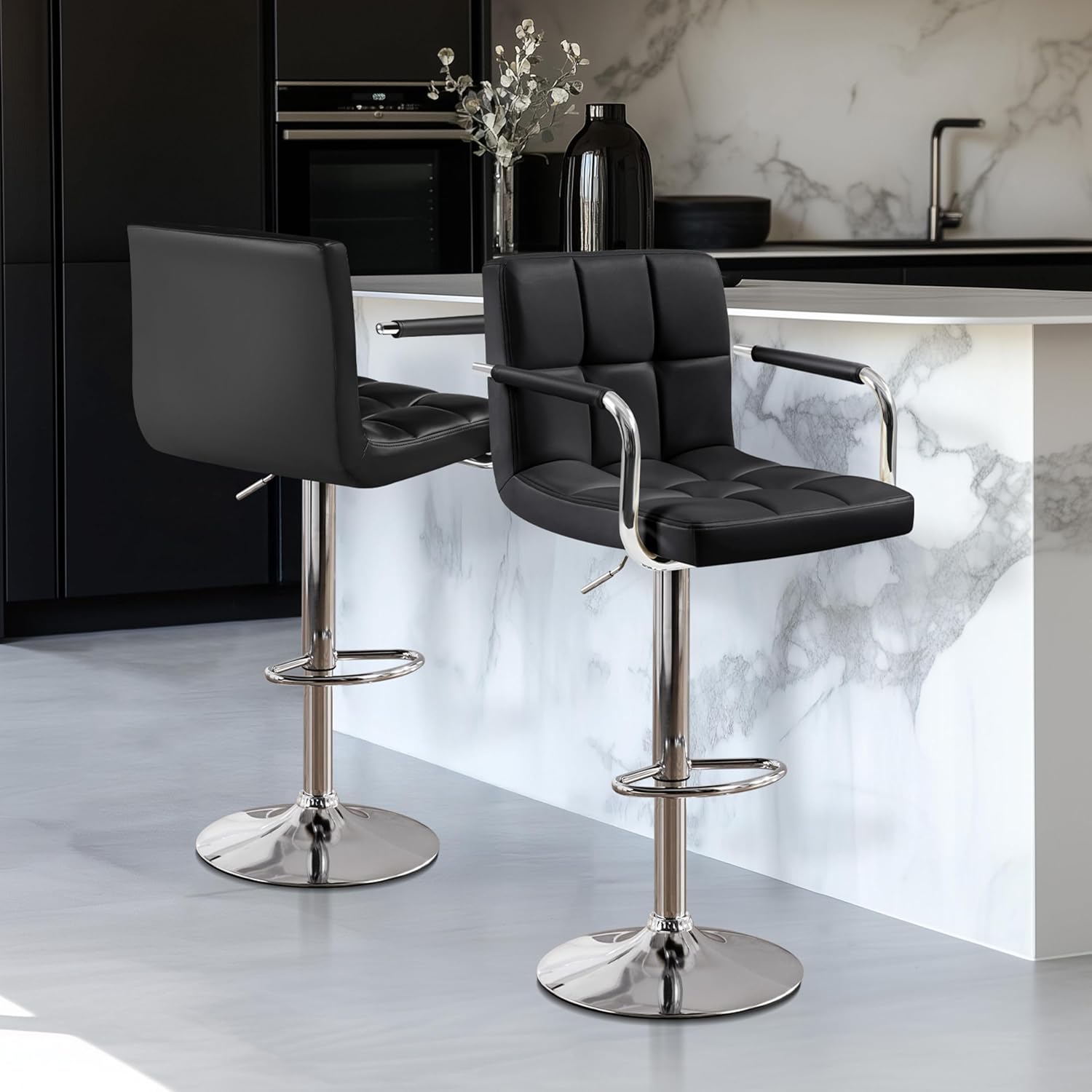 Yaheetech Bar Stools Set of 2, PU Leather Height Adjustable Swivel Barstools, Hydraulic Kitchen Counter Height Bar Chairs with Armrest and Back for Kitchen, Dining Room, Black