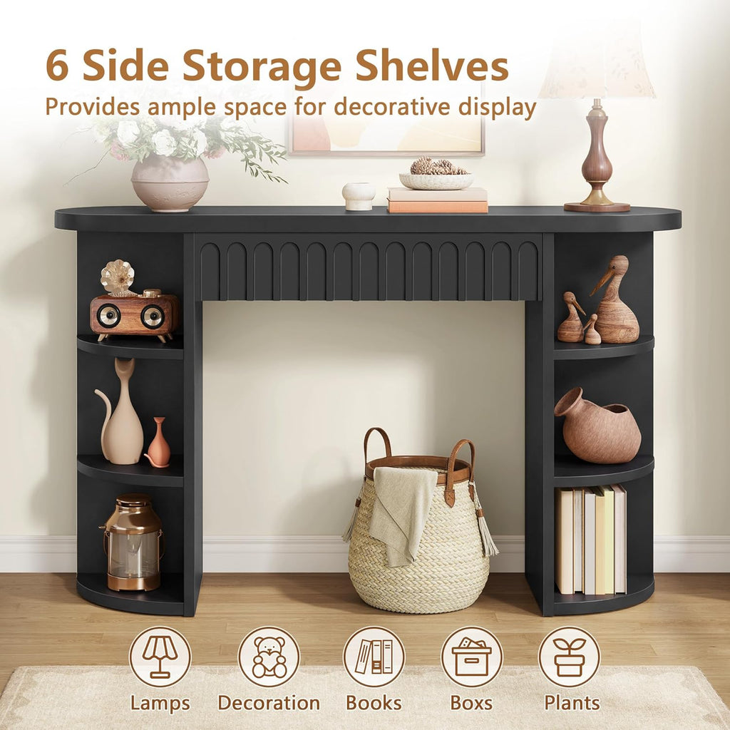 Hoctieon Fluted Console Table with Storage, Entryway Table with Side Storage Shelves, Narrow Sofa Tables Behind Couch, Hallway Tables for Living Room, Entrance, Foyer, Black