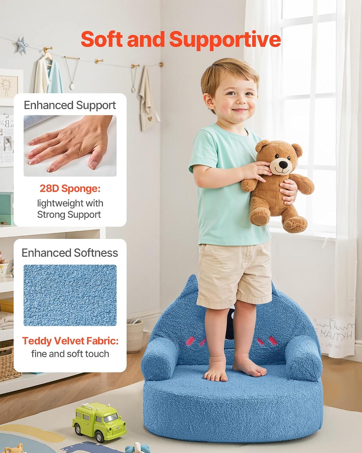 VEVOR Kids Sofa Comfy, Monster Style Foam Toddler Couch with Armrests, Movable & Washable Kids Sofa Made of 28D Sponge & Teddy Plush for Playroom, Bedroom, Living Room, Ideal Present for Child, Blue
