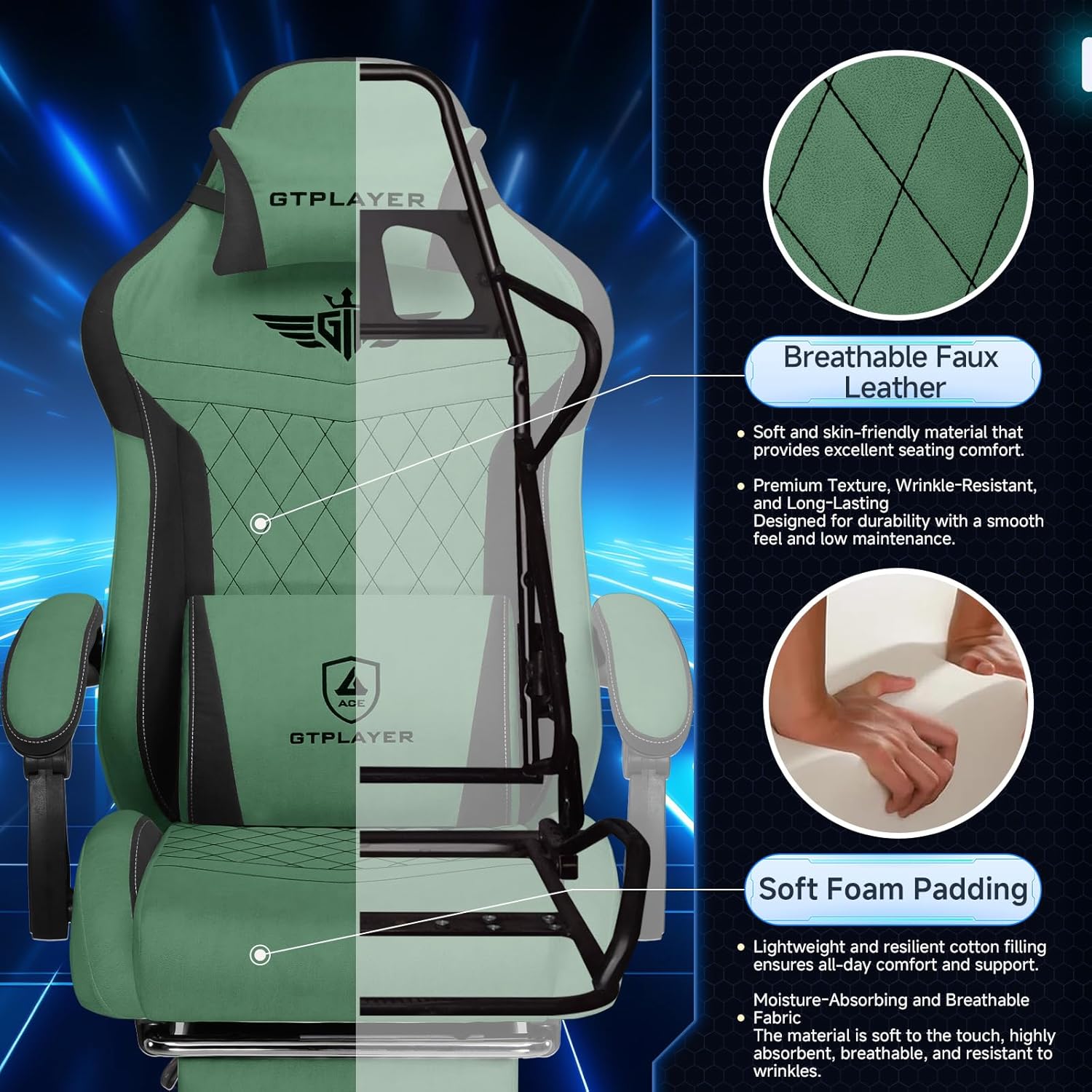 GTPLAYER Gaming Chair, Video Game Chairs with Footrest and Lumbar Support, Computer Chair for Adults with Extended Backrest, Ergonomic Reclining Silla Gamer, Fabric, Green