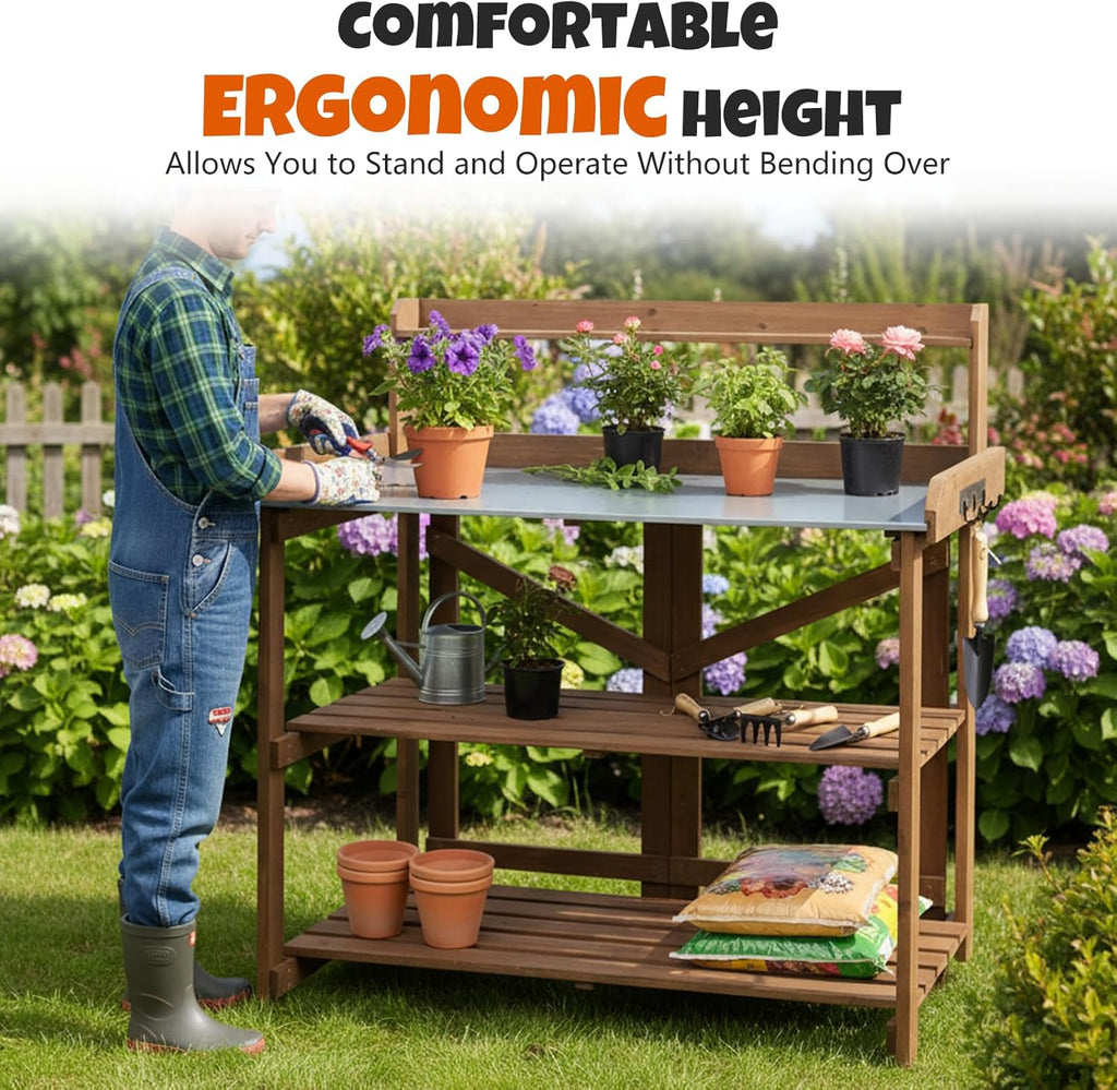 Outdoor Potting Bench Table, Indoor Wooden Work Station with Metal Table Top, Metal Hooks, Large Shelves, Heavy-Duty Gardening Workbench for Garden, Backyard, Patio, BBQ Prep Station, Easy Assembly