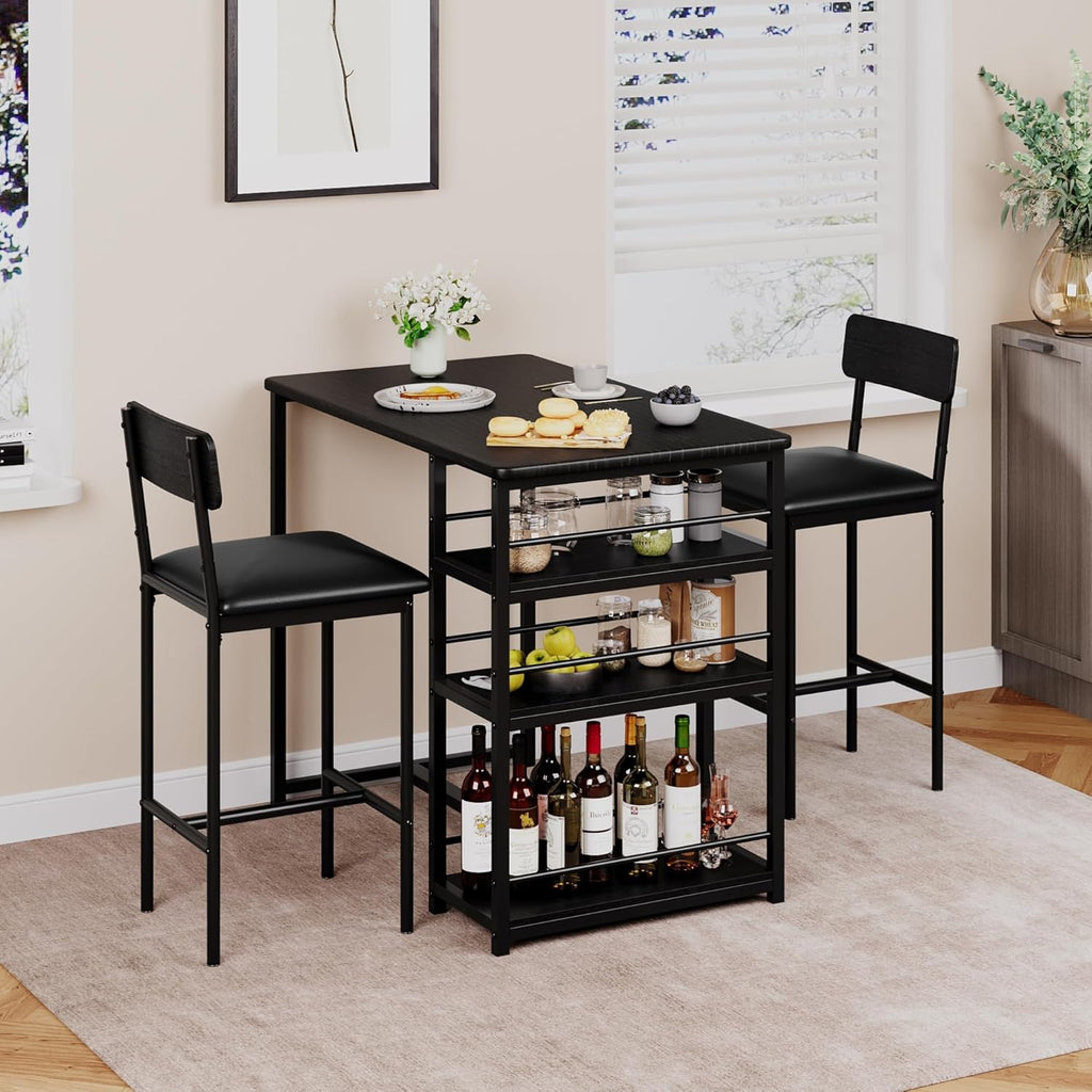 Bar Table and Chair Set with Three Shelves Small 2-Person Dining Table with 2 upholstered stools with backrests Suitable for Restaurants and bistros -Black