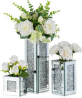 Silver Rectangle Glass Vases for Decor: Hewory Tall Crushed Diamond Mirror Vase for Centerpieces - Large Decorative Mirrored Containers for Dried Flowers, Bling Big Crystal Vases for Home Decoration