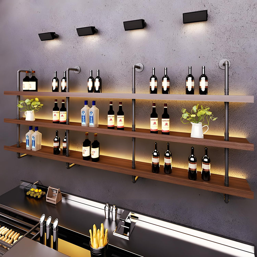 Solid Wood Wall Mounted Wine Rack, Large Bar Shelf with Led Light, 3-Tiers Floating Bar Shelves, Industrial Pipe Bar Shelf, for Home Bar, Dining Room & Kitchen (100cm/39.7in)