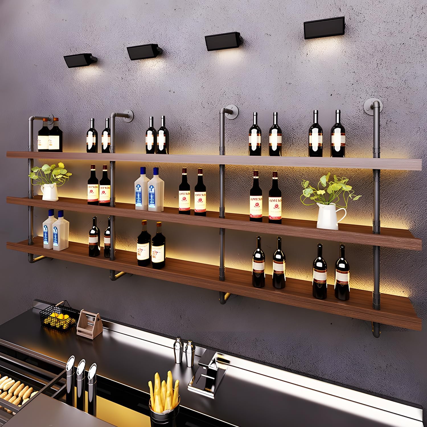 Solid Wood Wall Mounted Wine Rack, Large Bar Shelf with Led Light, 3-Tiers Floating Bar Shelves, Industrial Pipe Bar Shelf, for Home Bar, Dining Room & Kitchen (100cm/39.7in)