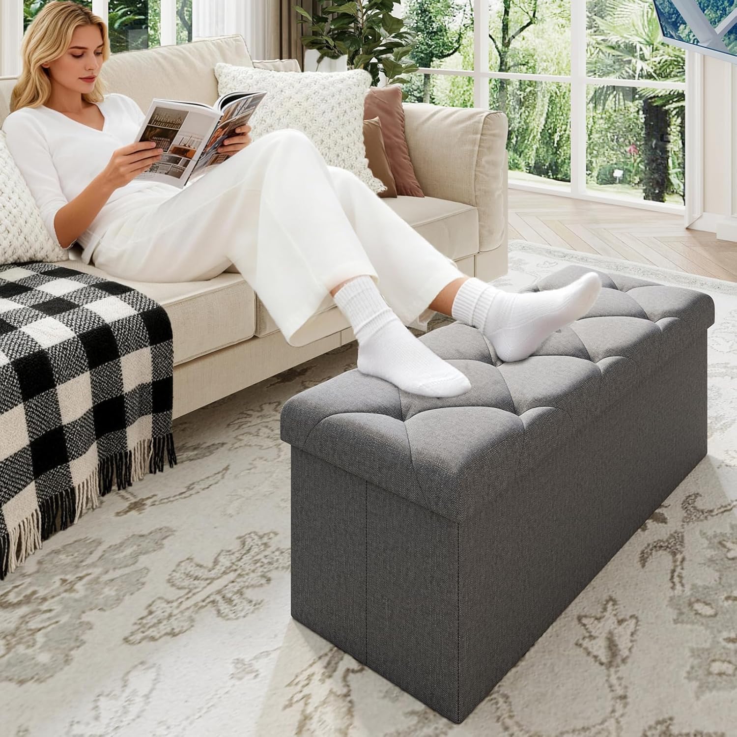 Folding Ottoman with Storage Bench,Storage Ottoman Bench,30 Inches Ottoman Foot Rest,End of Bed Bench,Support 660LBS Foot Rest Stool for Living Room,Bedroom,Home Office,Dark Gray（30Wx15Dx15H