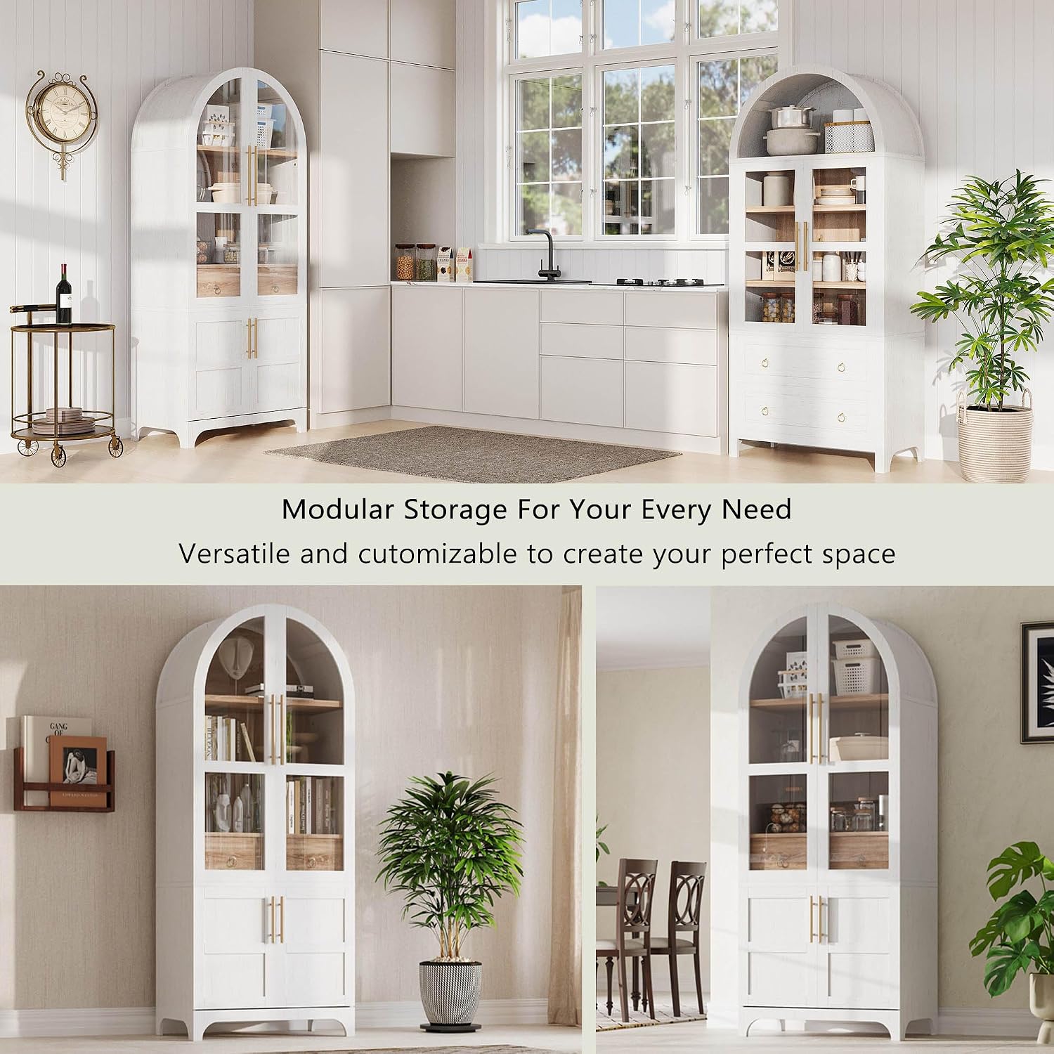 71" Tall Arched Kitchen Pantry Cabinet with Glass Doors, Farmhouse Storage Cupboard, Two-Tone Adjustable Shelves, Hidden Drawer, Soft-Closing Doors for Dining Room & Living Room, (White)
