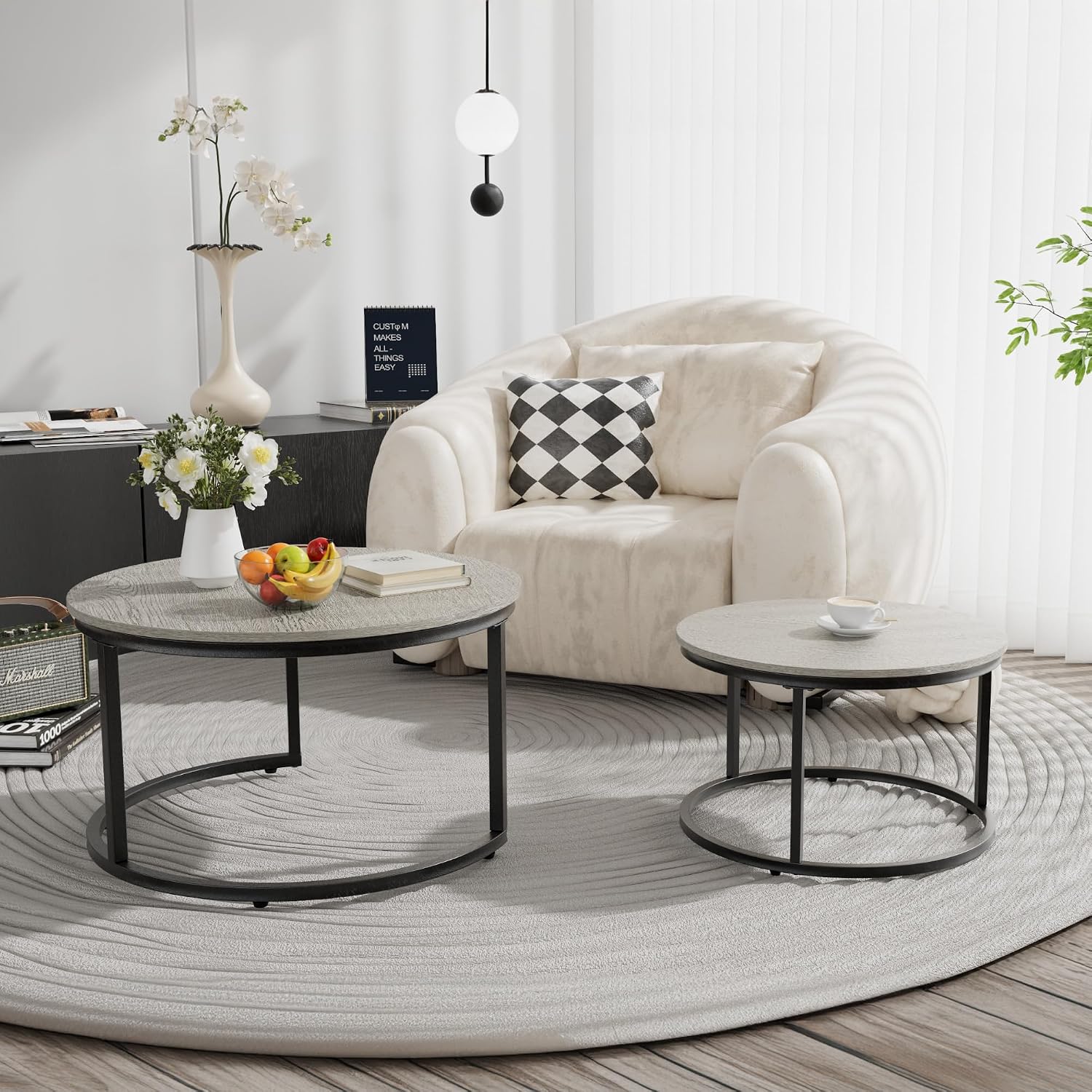 Otterease Nesting Tables Set of 2, 31.5" Round Coffee Table, Large Nesting Coffee Table with Adjustable Non-Slip Fee, Wood Grain Top Nesting Tables for Living Room, Bedroom (Wood Grain Grey)