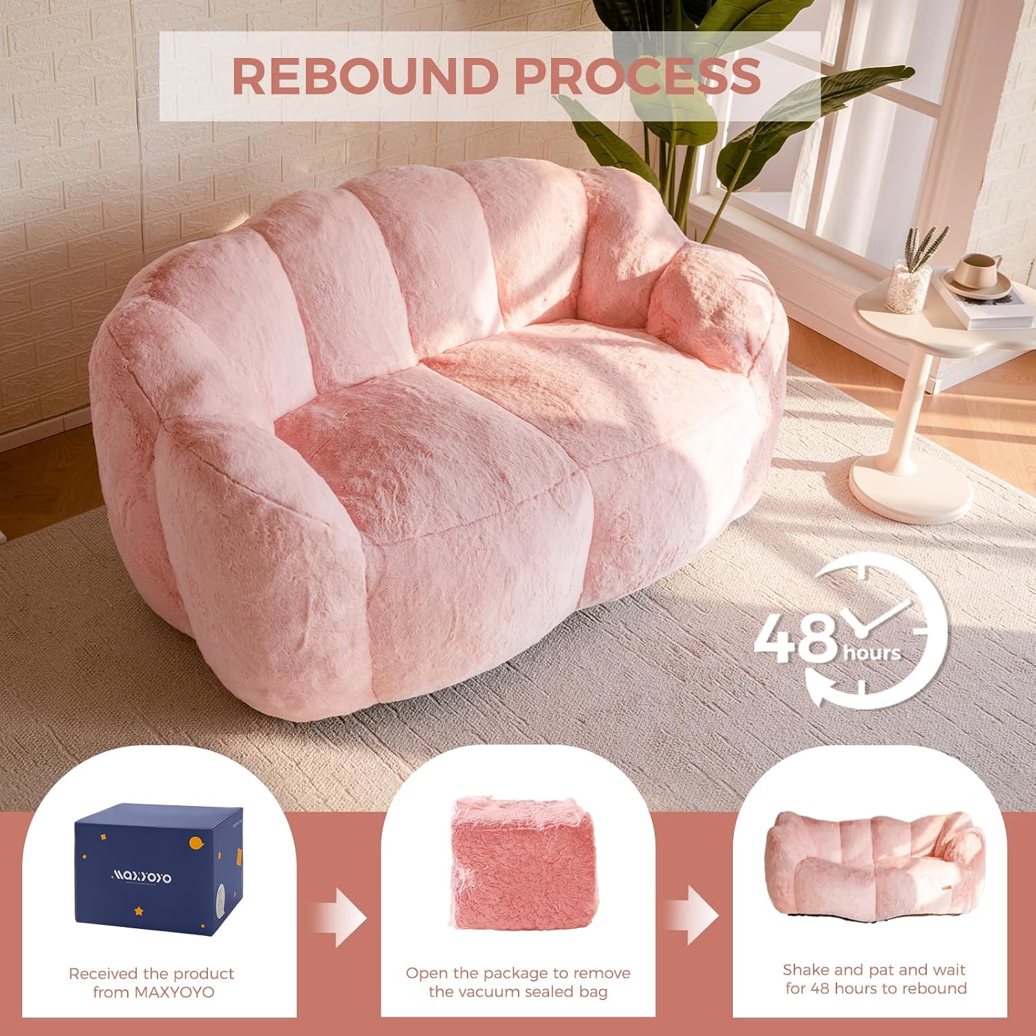 MAXYOYO Bean Bag Chair for Adults, Floral Shaped Bean Bag Sofa | Ultra Soft Faux Fur Floor Sofa, Large Reading Chair for Living Room Bedroom, Pink, Double