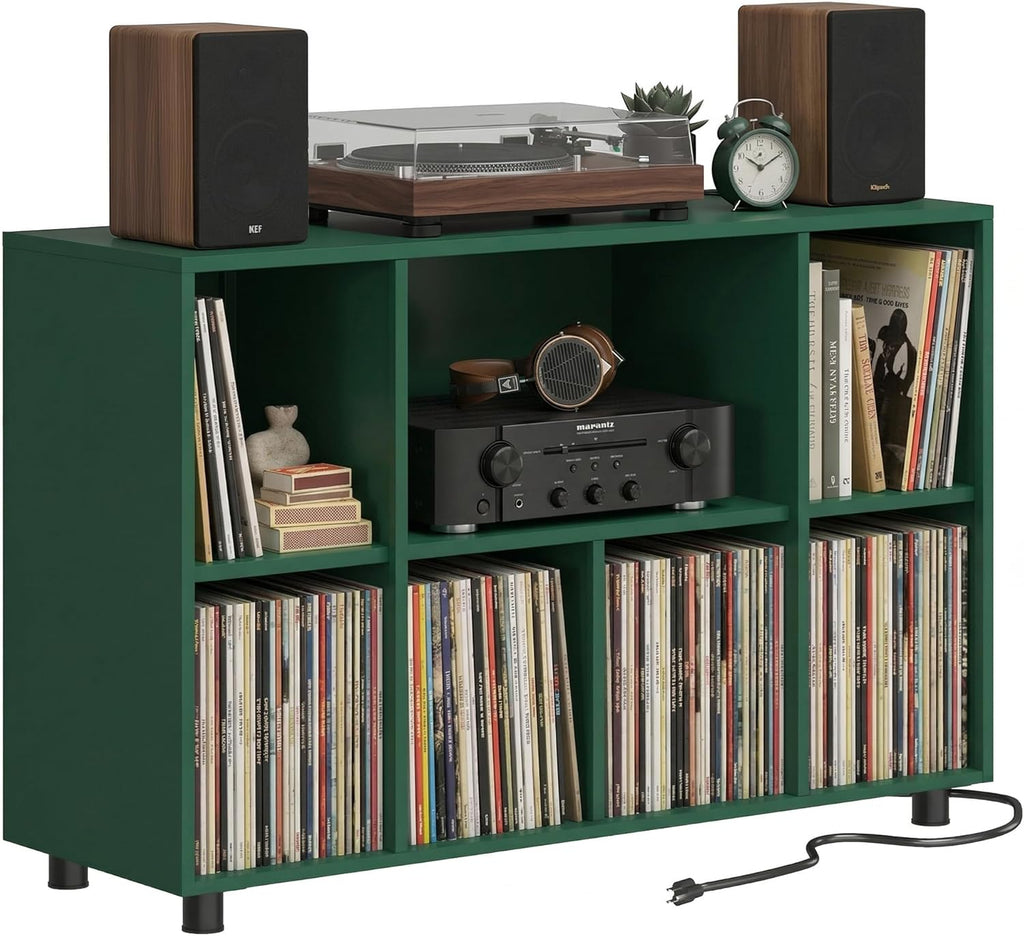 Record Player Stand with Charging Station, Green | Vinyl Record Storage Cabinet, Holds Up to 500+ Albums, Metal Turntable Stand with Large Tabletop for Music Room Studio