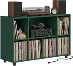 Record Player Stand with Charging Station, Green | Vinyl Record Storage Cabinet, Holds Up to 500+ Albums, Metal Turntable Stand with Large Tabletop for Music Room Studio
