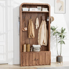 Narrow Hall Tree with Bench and Shoe Storage, Arched Entryway Coat Rack with Adjustable Shoe Cabinet,8 Hooks, Modern Rustic Mudroom Storage Organizer with Scalloped Wave Fluted Doors (Walnut)