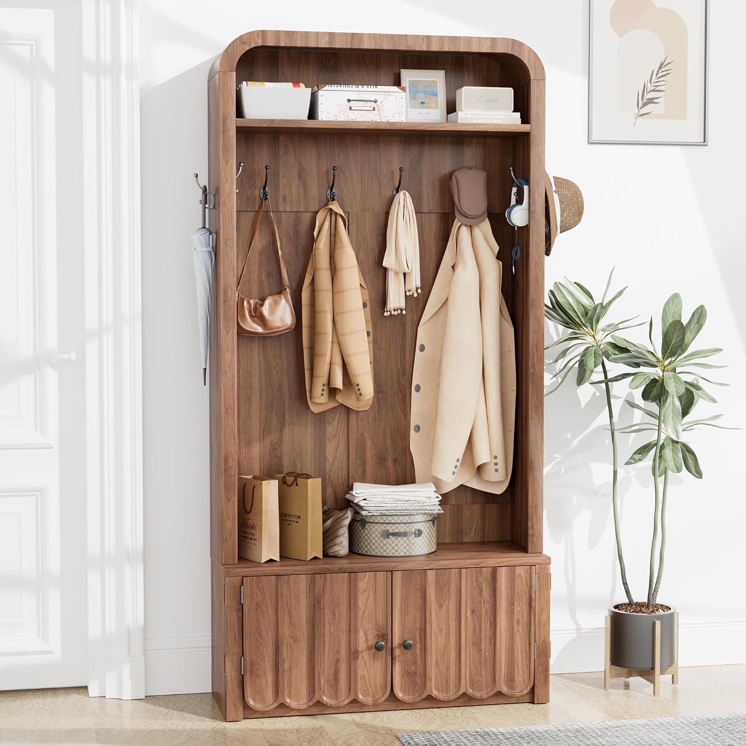 Narrow Hall Tree with Bench and Shoe Storage, Arched Entryway Coat Rack with Adjustable Shoe Cabinet,8 Hooks, Modern Rustic Mudroom Storage Organizer with Scalloped Wave Fluted Doors (Walnut)