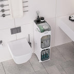 BINSIO 3-Tiers Toilet Paper Storage, Slim Bathroom Organizers and Storage, Bathroom Counter Organizer, Foldable Organizer Storage Cabinet, Portable Laundry Room Organization, Plastic White Clear Doors