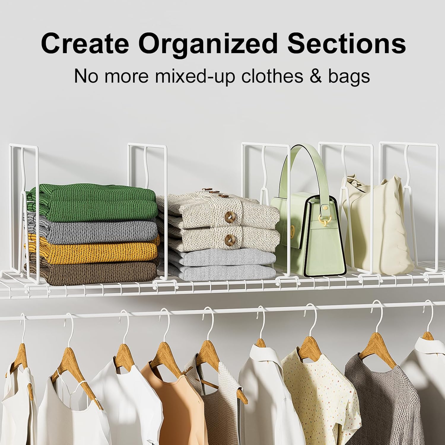 SortNStore Wire Shelf Dividers for Closet: Tall 8 Pack 12-inch Deep Wire Rack Accessories - Adjustable Purse Organizer for Clothes Handbags - Metal Pantry Separators