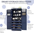 Freestanding Kitchen Pantry 35.5"x17.6"x70.9" Modern Pantry Cabinet with 4 Doors, 2 Door Shelves, 8 Pull-Out Trays and Adjustable Shelf Storage Cabinet Cupboard for Kitchen, Dining Room, Blue