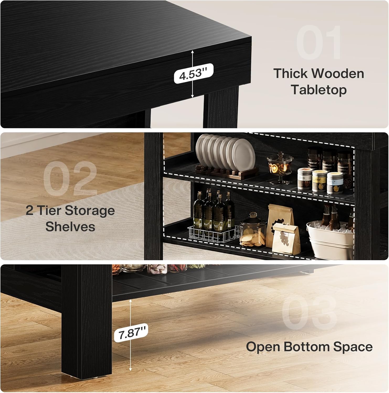 Tribesigns Kitchen Island with Seating and Storage Shelves, 55.1-Inch Breakfast Counter Farmhouse Island Table for Kitchen Dining Room (Black)