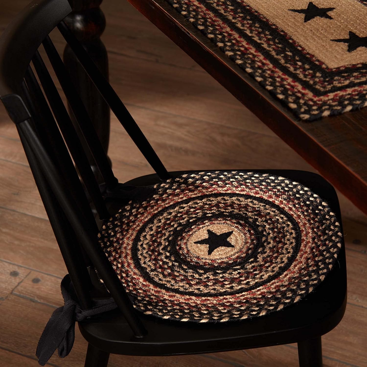 VHC Brands Colonial Star Round Seat Cushion Chair Pad, Tan Black Red, Jute Blend with Ties, 15x15 Inches, Set of 8