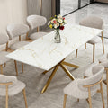 63"-79" Extendable Dining Table for 6-10 People, Modern Rectangle Extendable Kitchen Table with Gold Faux Marble Tabletop and Gold Metal Cross Legs for Restaurant/Dining Room/Kitchen/Living Room