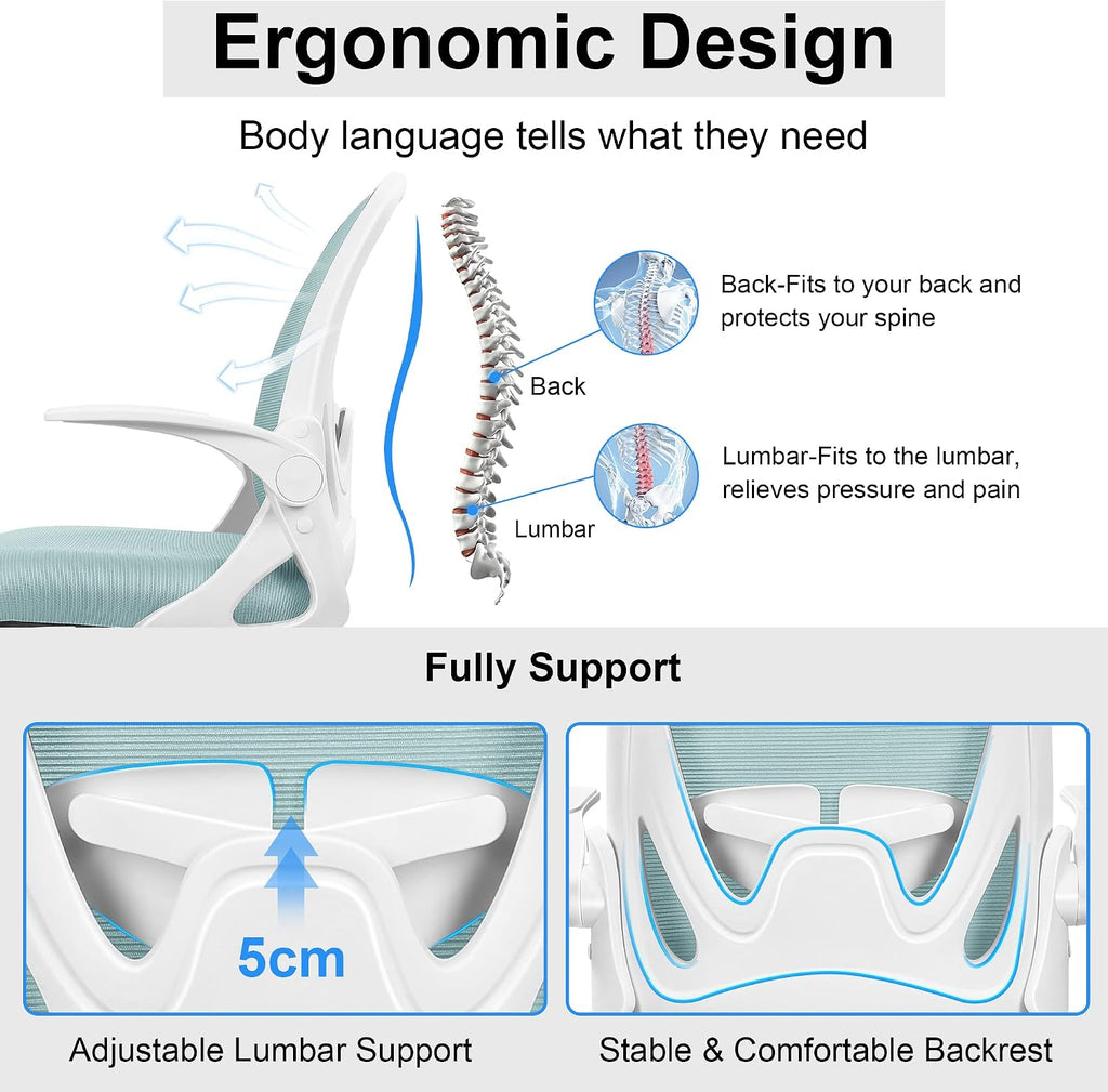 Primy Office Chair Ergonomic Desk Chair with Adjustable Lumbar Support and Height, Swivel Breathable Desk Mesh Computer Chair with Flip up Armrests for Conference Room（Light Blue）