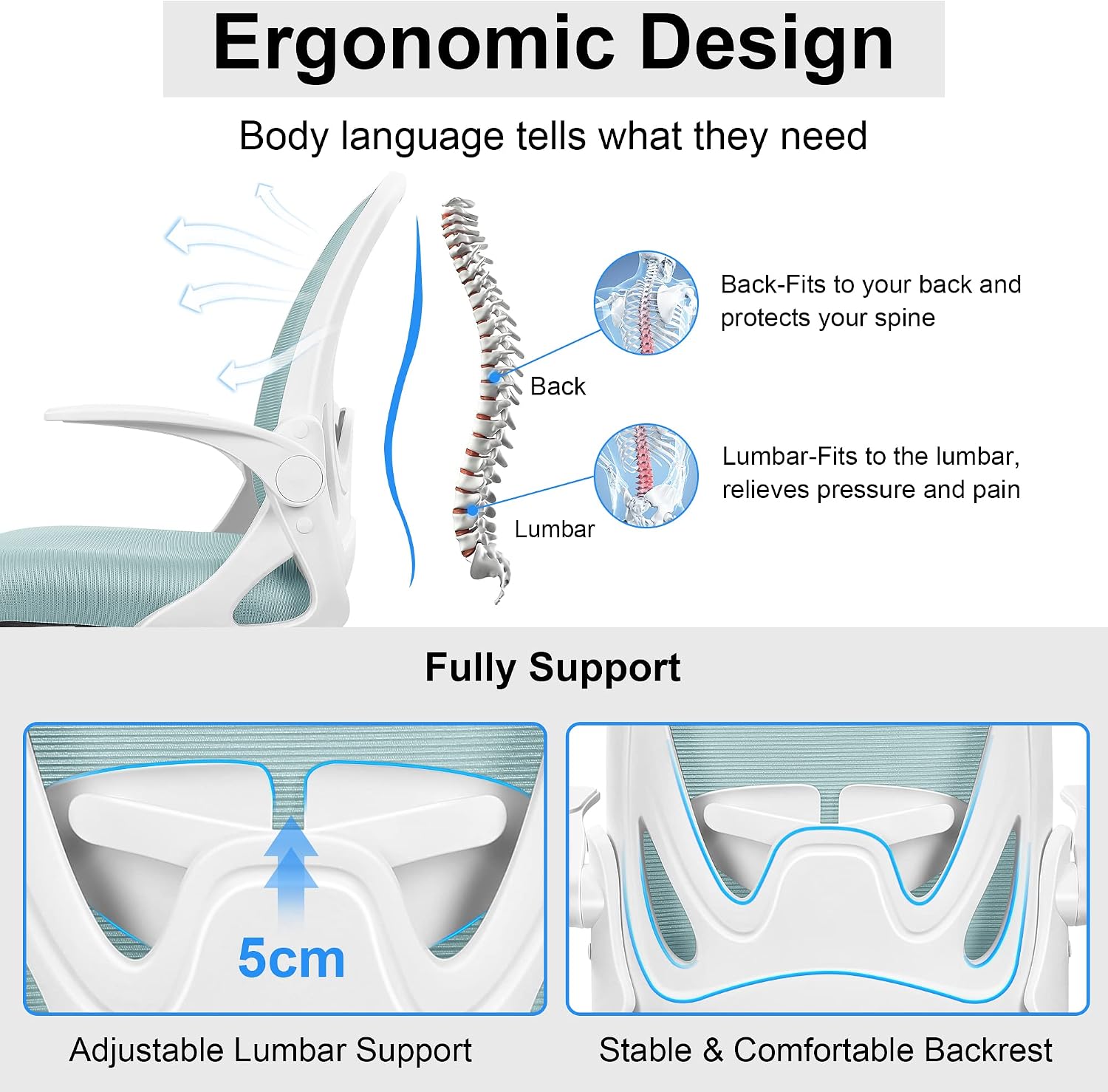 Primy Office Chair Ergonomic Desk Chair with Adjustable Lumbar Support and Height, Swivel Breathable Desk Mesh Computer Chair with Flip up Armrests for Conference Room（Light Blue）