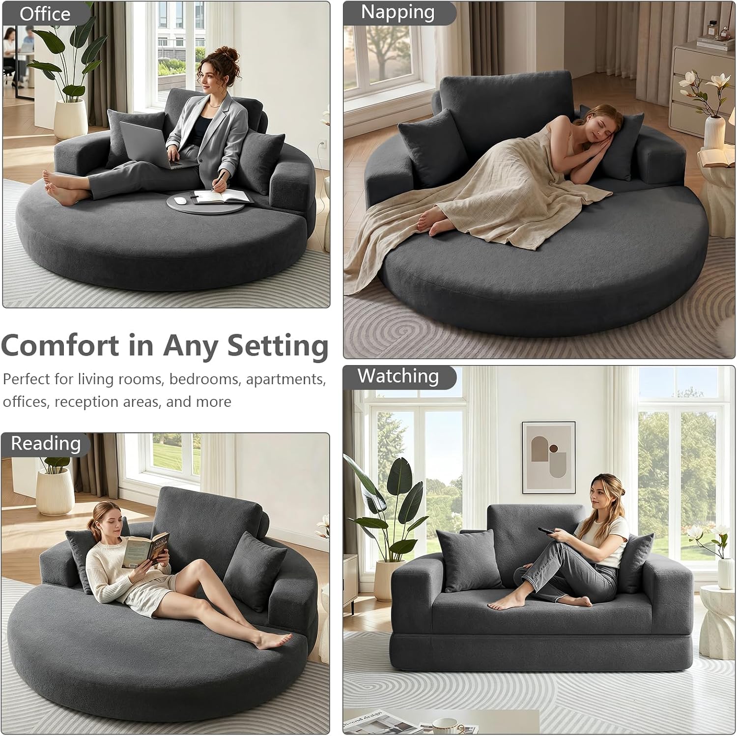 79" Foldable 2-in-1 Oversized Round Chaise Lounge,Chenille Fabric Reading Nook Chair with Ottoman,Boneless Chair with 2 Throw Pillows,Couch Chair Suitable for Living Room, Bedroom,No Assembly(Gray)