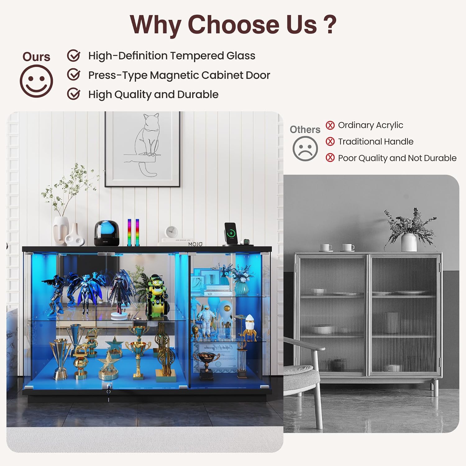 Gurexl 47.2" W Glass Display Cabinet with 3-Color LED Lights, 5-Tier Lockable Curio Cabinet with Human Body Sensor & Charging Station, Display Case for Collectibles, Living Room, Kitchen, Black