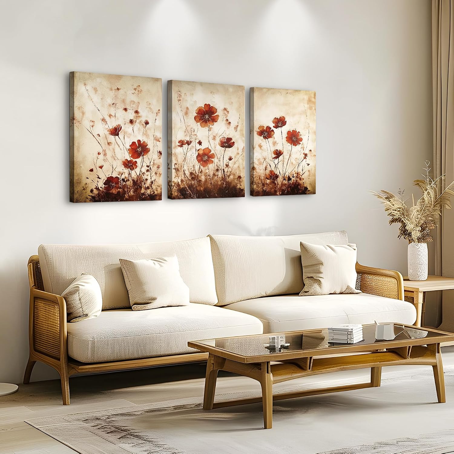TTHYUEWS Boho Wall Decor for Bedroom Canvas Wall Art for Living Room Office Decorations Flowers Wall Pictures Watercolour Paintings Artwork Modern Aesthetic Bathroom Home Decor 3 Piece Ready To Hang