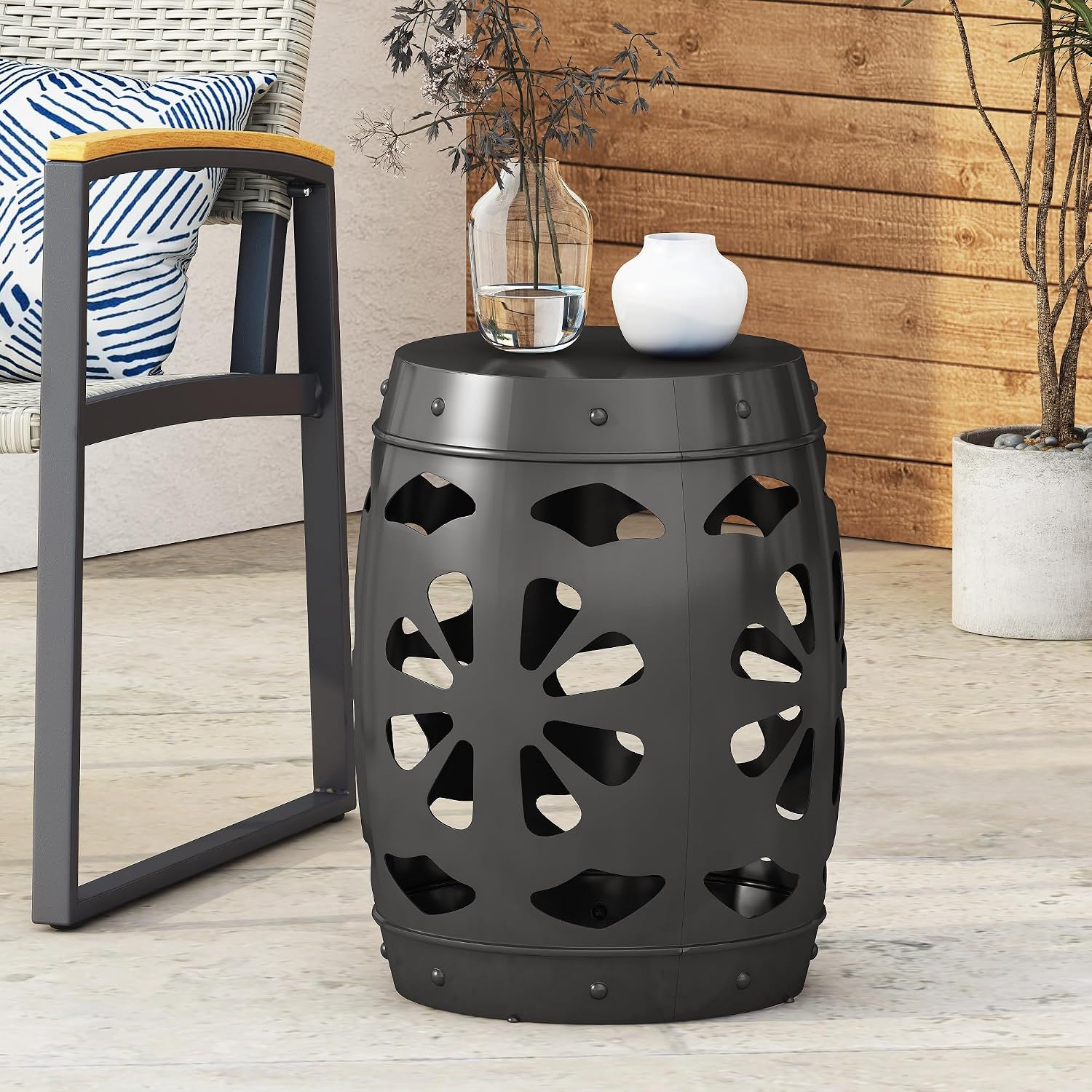 Penau Metal End Table, Powder-Coated Iron Barrel Accent Side Table, Decorative Iron Cut Floral Pattern, No Assembly, 16.50 x 16.50 x 20.75 Inchs, Black