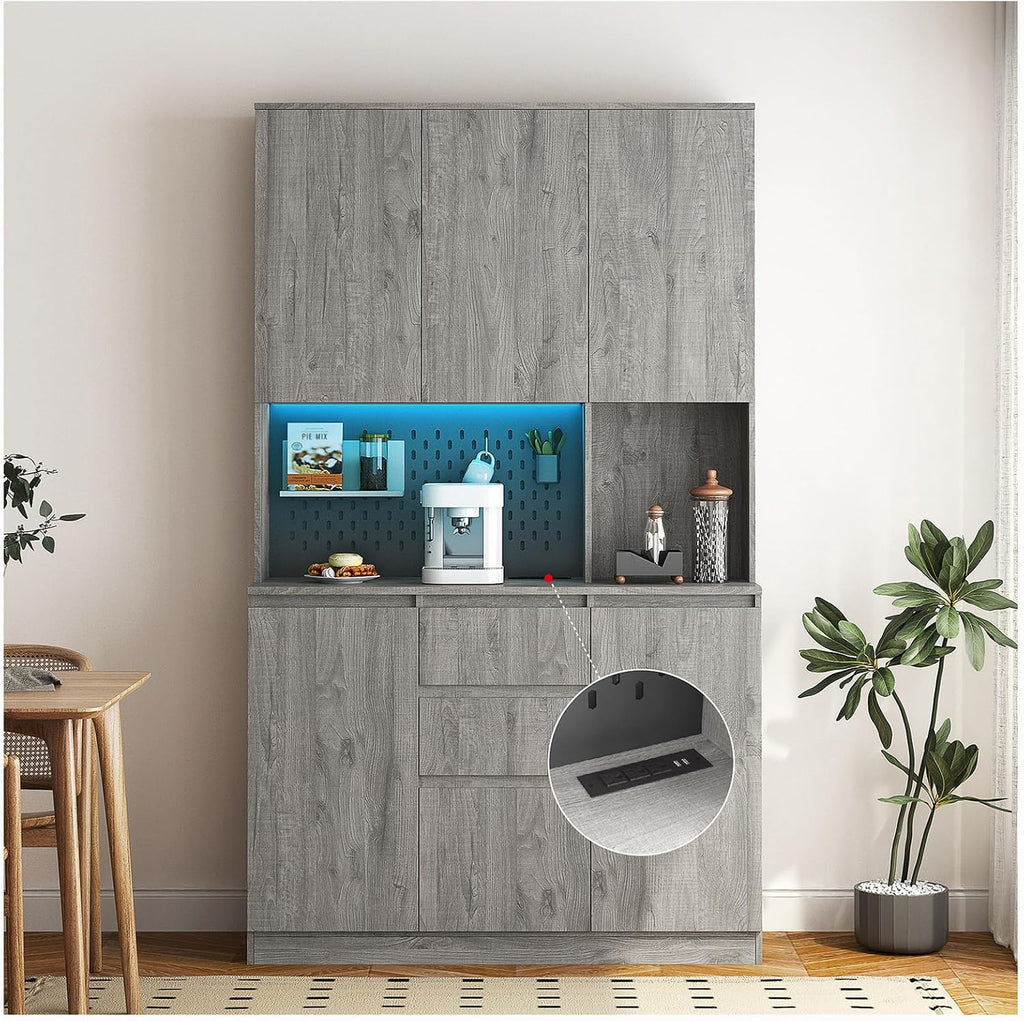 74 Inch Freestanding Kitchen Pantry Cabinet, Wooden Cutlery Storage Cabinet with Charging Station, LED Light for Kitchen, Dining Room and Living Room (Gray)