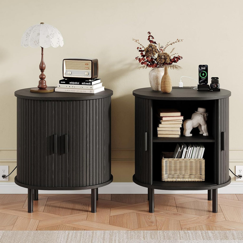 Oval End Table with Charging Station & Sliding Door, Mid-Century Modern Side Table with Storage & Adjustable Shelf, Fluted Accent Nightstand for Living Room, Bedroom (1, Black)