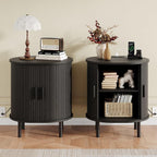 Oval End Table with Charging Station & Sliding Door, Mid-Century Modern Side Table with Storage & Adjustable Shelf, Fluted Accent Nightstand for Living Room, Bedroom (1, Black)