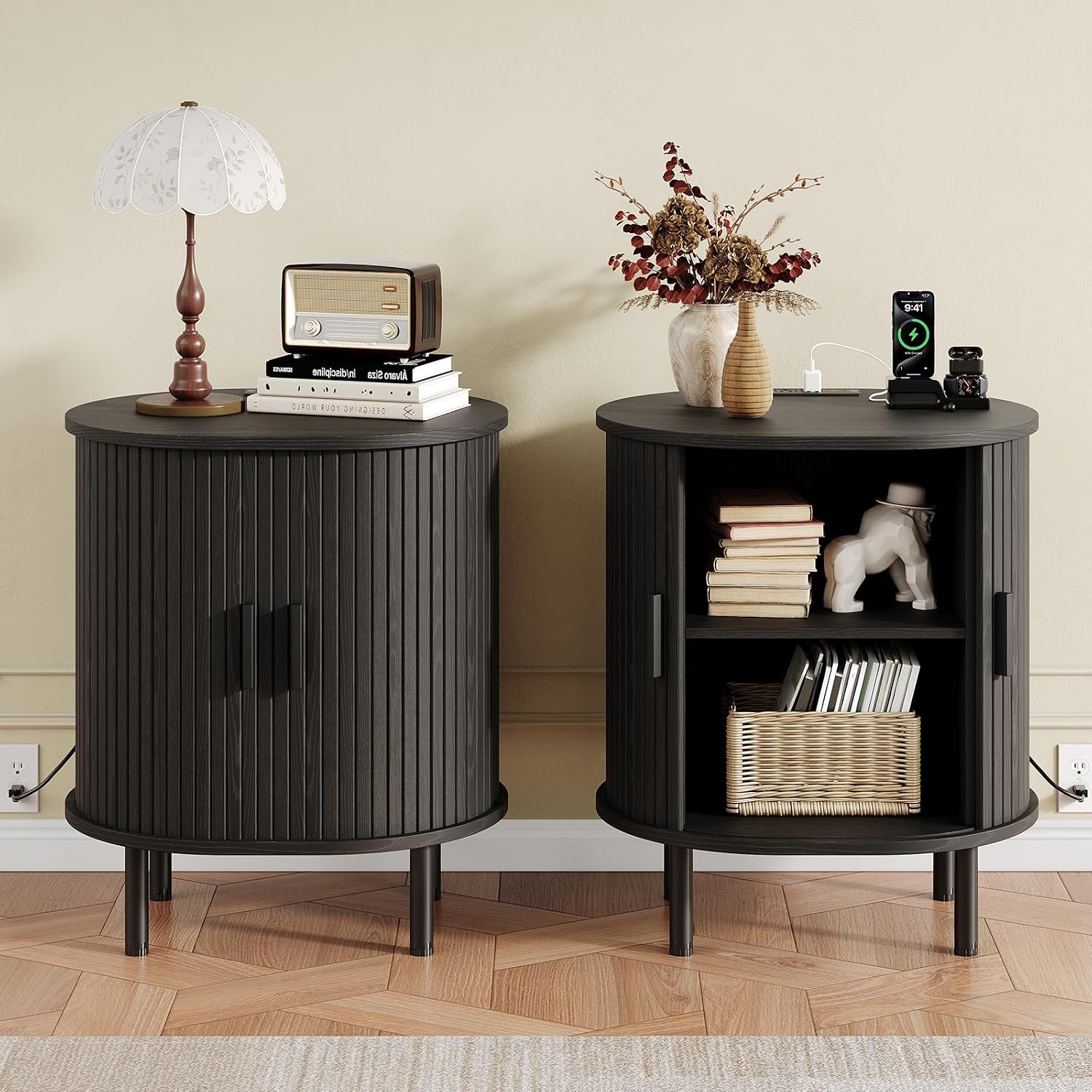 Oval End Table with Charging Station & Sliding Door, Mid-Century Modern Side Table with Storage & Adjustable Shelf, Fluted Accent Nightstand for Living Room, Bedroom (1, Black)