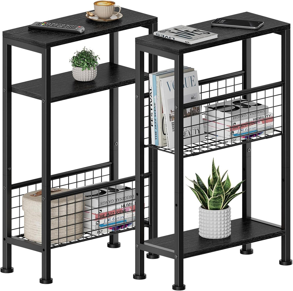 Karii Narrow Side Table, Skinny End Table for Small Spaces with Storage, 3-Tier Slim Wooden Bedside Nightstand Thin Couch Table for Living Room Bedroom Office Dorm Kitchen Bathroom (2, Black)