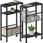 Karii Narrow Side Table, Skinny End Table for Small Spaces with Storage, 3-Tier Slim Wooden Bedside Nightstand Thin Couch Table for Living Room Bedroom Office Dorm Kitchen Bathroom (2, Black)