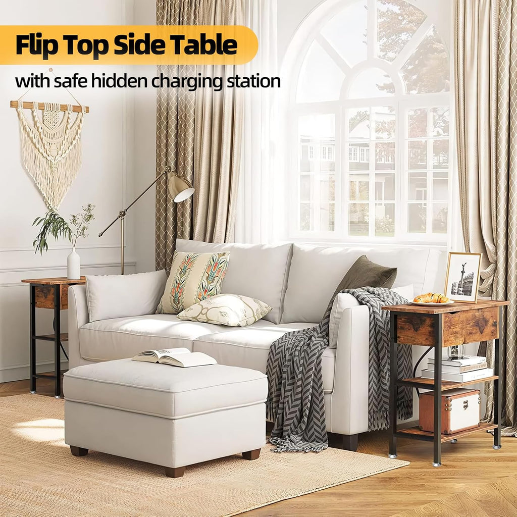 TooCust Flip Top End Table with Charging Station Set of 2, 12" D×21" W×26" H Small Side Tables with Storage & Shelves, Compact Side Table for Small Spaces, End Tables Living Room Set of 2, Brown