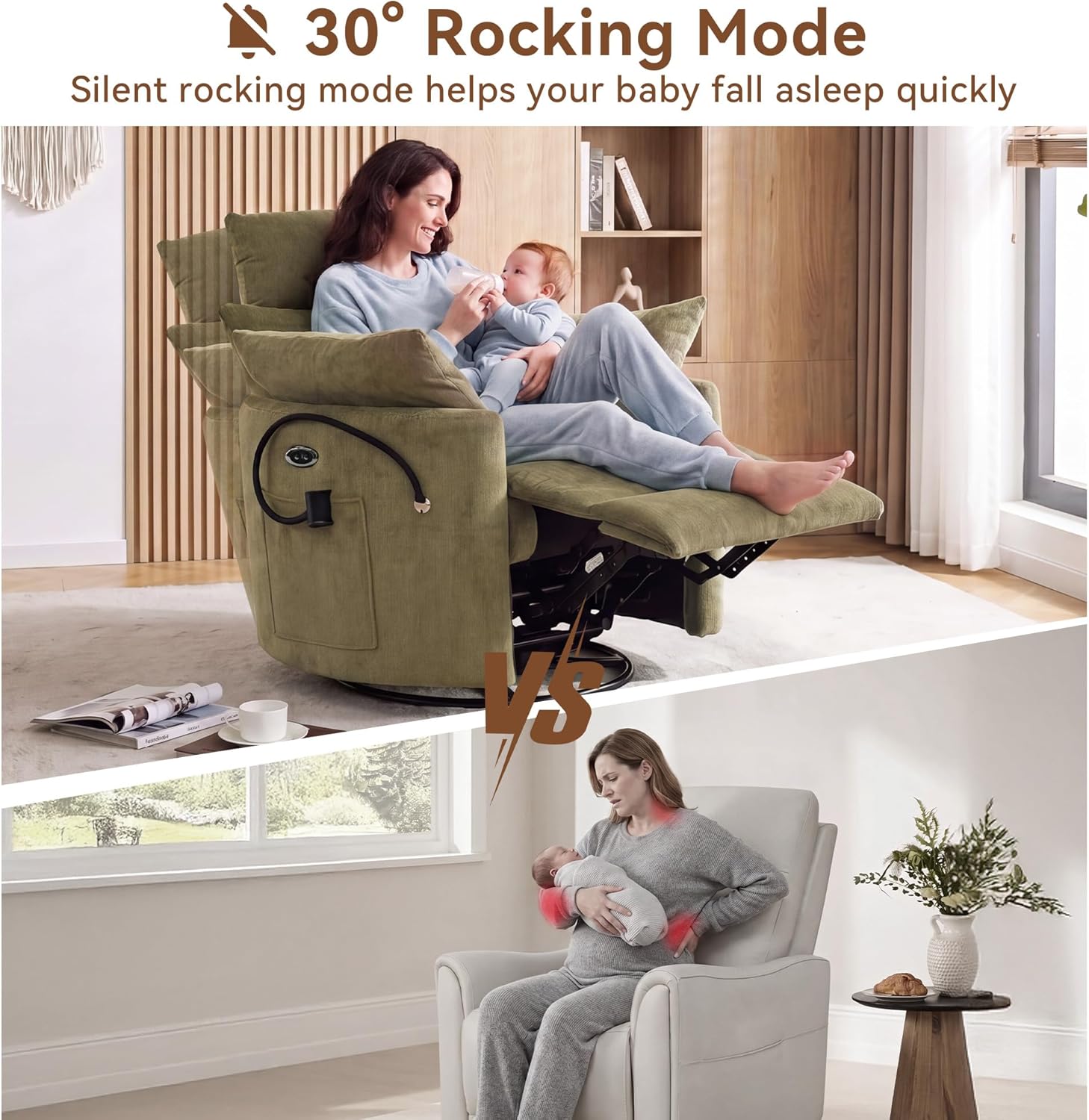 FOXHUNTER Power Nursery Rocking Chairs Glider Rocking Chair 300°Swivel Rocking Recliner with USB Charging Port and Phone Holder,Footrest&Side Pockets,for Living Room,Chenille,Green