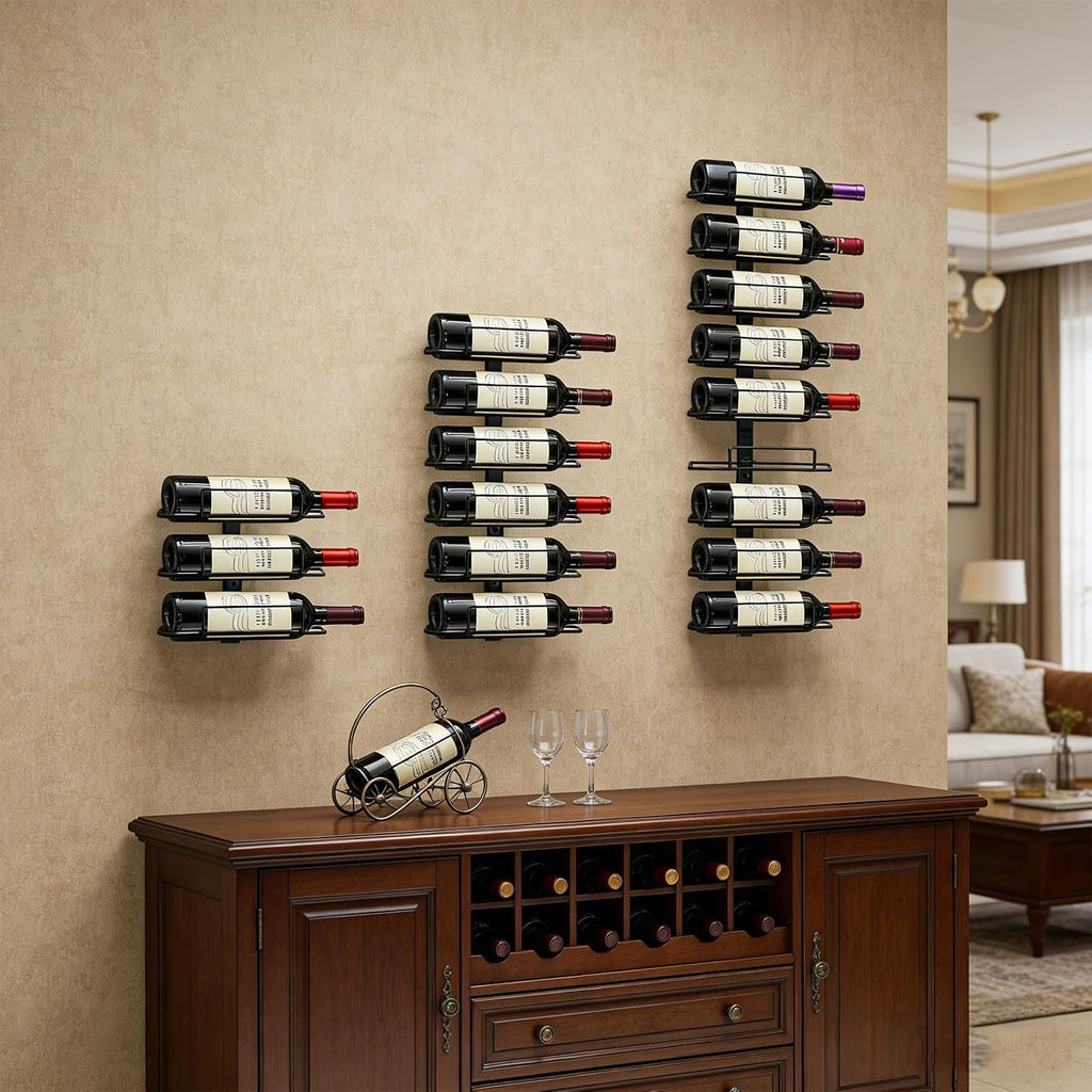 Wall Mount Wine Rack – 9 Bottles – Black Metal Wine Bottle Holder for Wall, Wine Rack Display for Home Bar, Kitchen