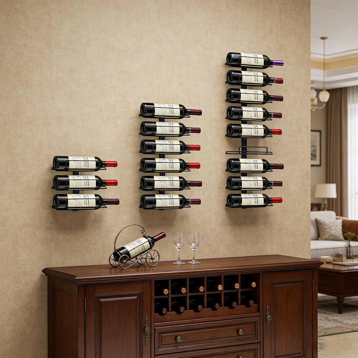 Wall Mount Wine Rack – 9 Bottles – Black Metal Wine Bottle Holder for Wall, Wine Rack Display for Home Bar, Kitchen