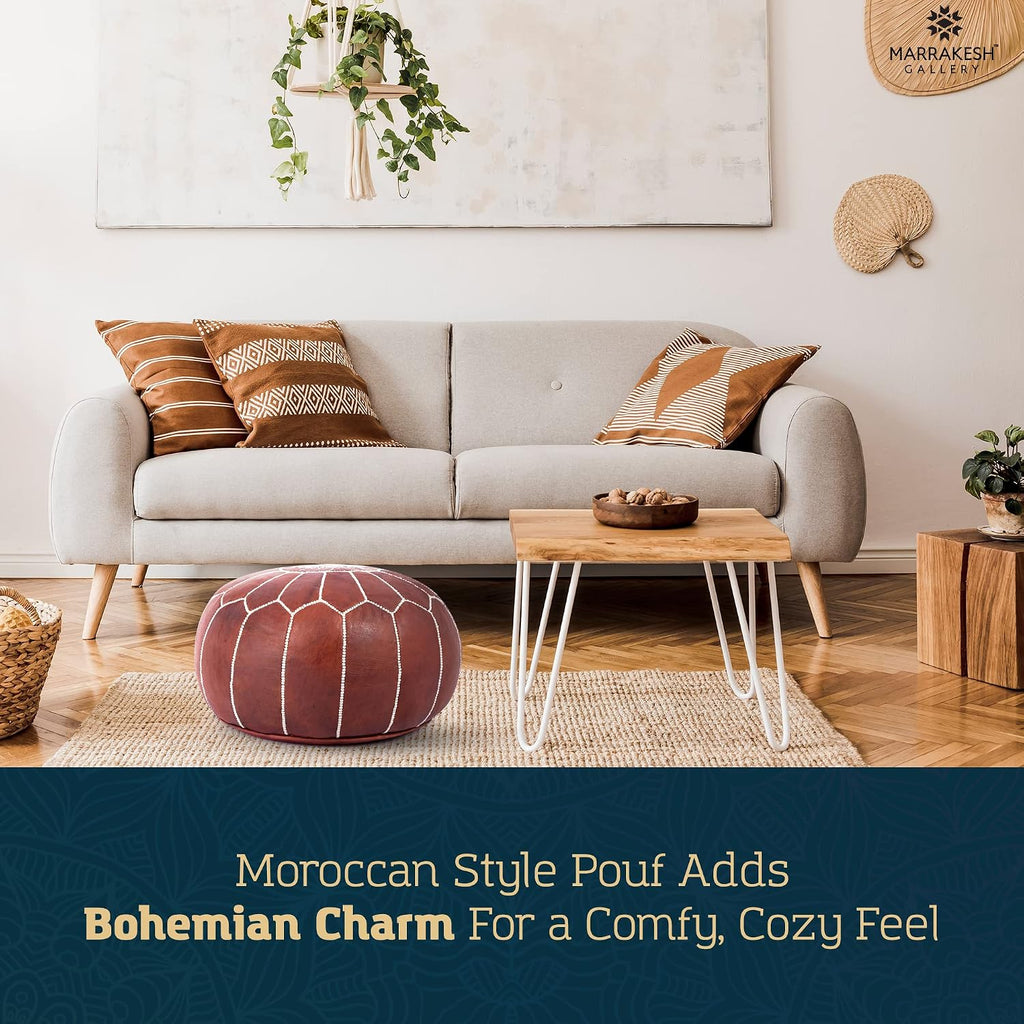 Marrakesh Gallery Genuine Leather Round Pouf Cover - Handmade Moroccan Ottoman Footstool, Unstuffed Footrest - Boho Decor - Bohemian Living Room, Bedroom, Kids Room - Housewarming Gift & Wedding