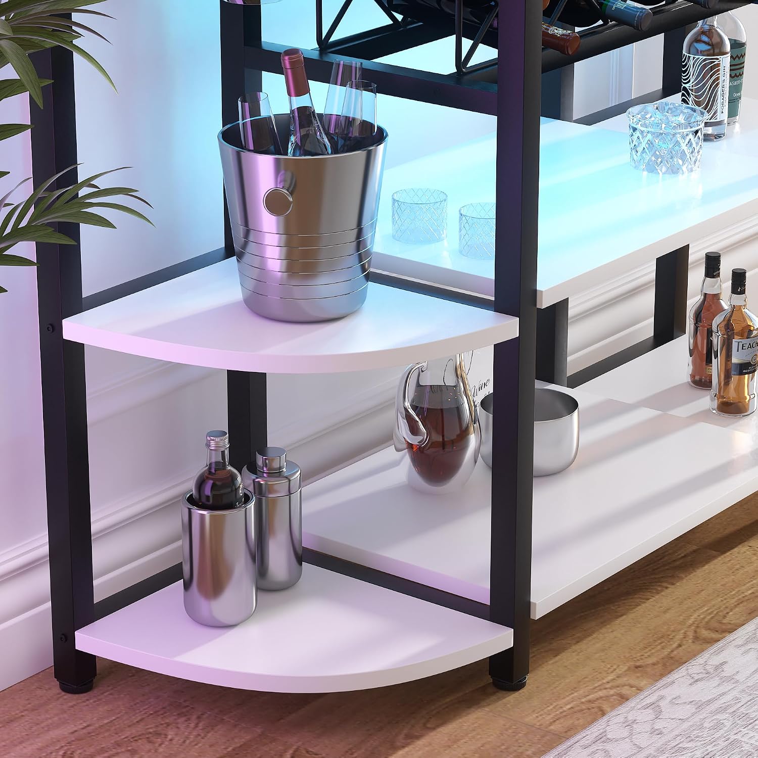 White Bar Cabinet with LED Lights & Power Outlets, 47" Curved Wine Bar Coffee Bar Cabinet with Wine Rack & Glass Holder, Liquor Cabinet Home Bar Unit for Living Room, Small Space