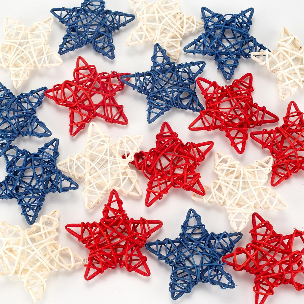 18 Pcs 4th of July Decorations Patriotic Rattan Star Decor Red White and Blue Decorations 3.1 Inch Independence Day Table Decor Party Decorations Vase Bowl Fillers