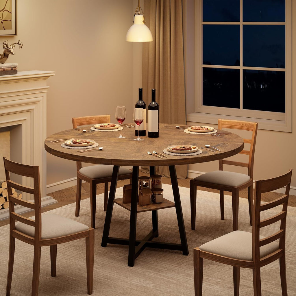 GAOMON 47" Round Dining Table for 4-6 People, Wooden Circle Kitchen Table with Storage Shelf, Industrial Dining Room Table for Kitchen, Dining Room, Save Space